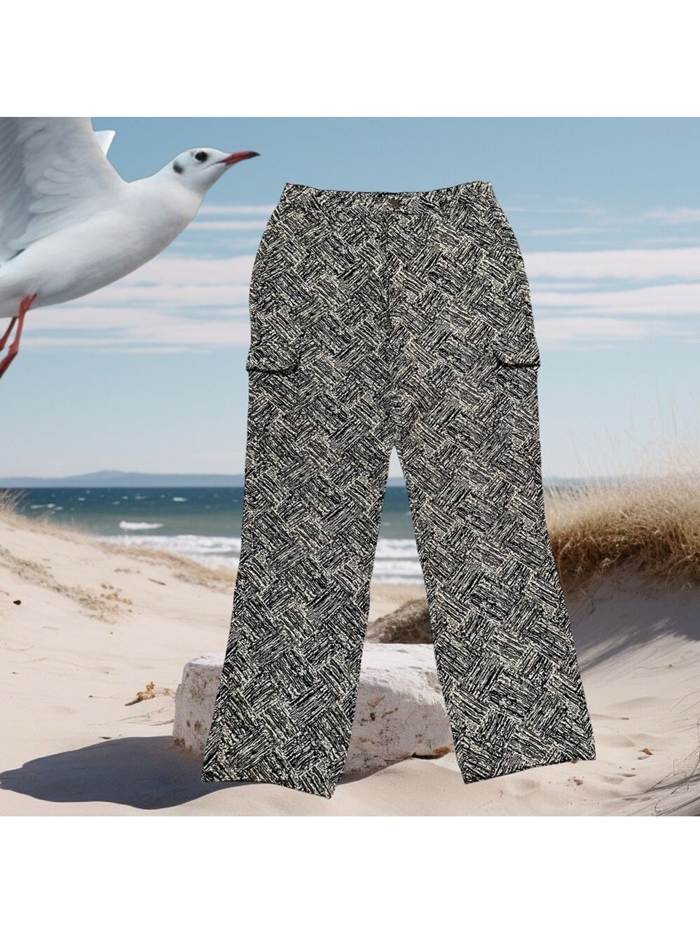BoohooMan Relaxed Pants Mens 34 Black & White Grunge Hip Hop 6-Pockets Zipper